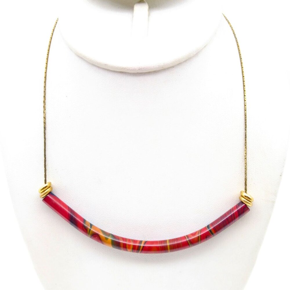 Curved Bar Bib Collar Necklace with Retro Red on Gold Tone Vintage Chain Choker